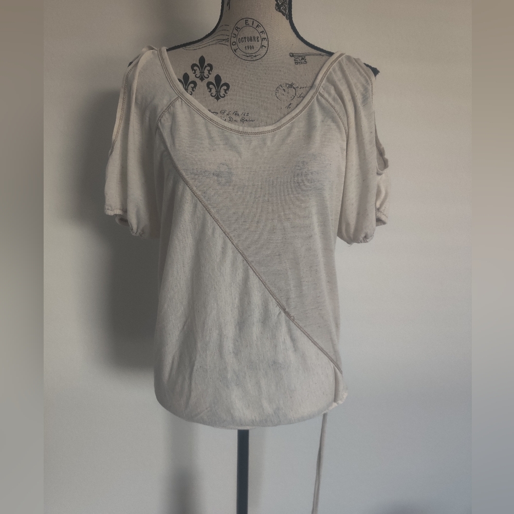 eyelash couture Off White/Cream Cold-Shoulder Linen-blend Wrap-Accent Top_Large